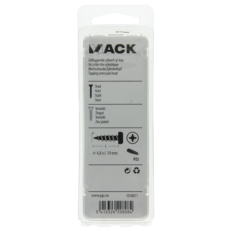 Mack 1018071 - tornillo autorroscante con cabeza cilíndrica galvanizada. 38 piezas 4,8 x 19 mm | 5 piezas