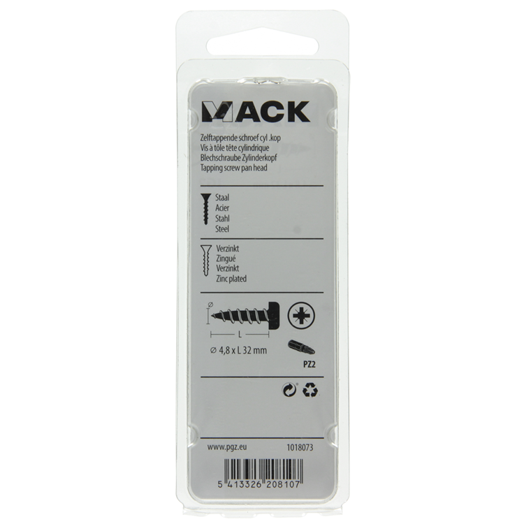 Mack 1018073 - tornillo autorroscante con cabeza cilíndrica galvanizada. 28 piezas 4,8 x 32 mm | 5 piezas