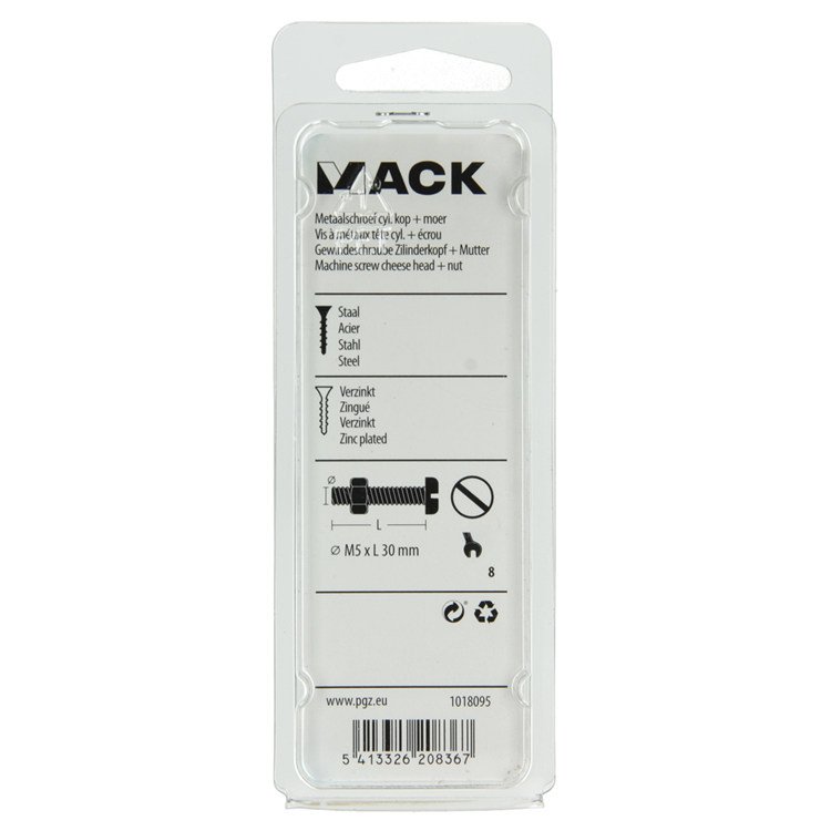 Mack 1018095 - cilindro de tornillo metálico. cabeza + tuerca chapada 28 piezas m5 x 30 mm | 5 piezas