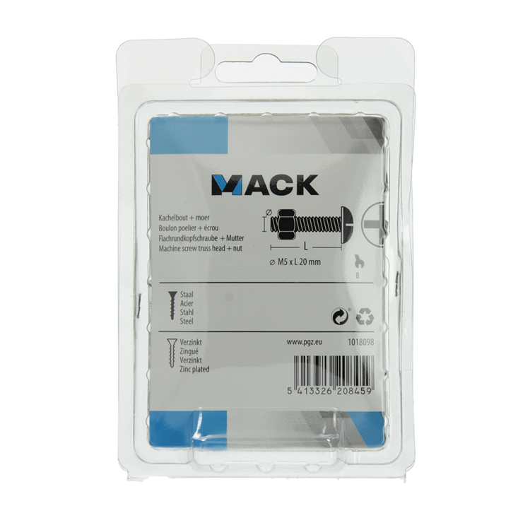 Mack 1018098 - perno calentador + tuerca acero galvanizado 5 piezas m5 x 20 mm | 5 piezas