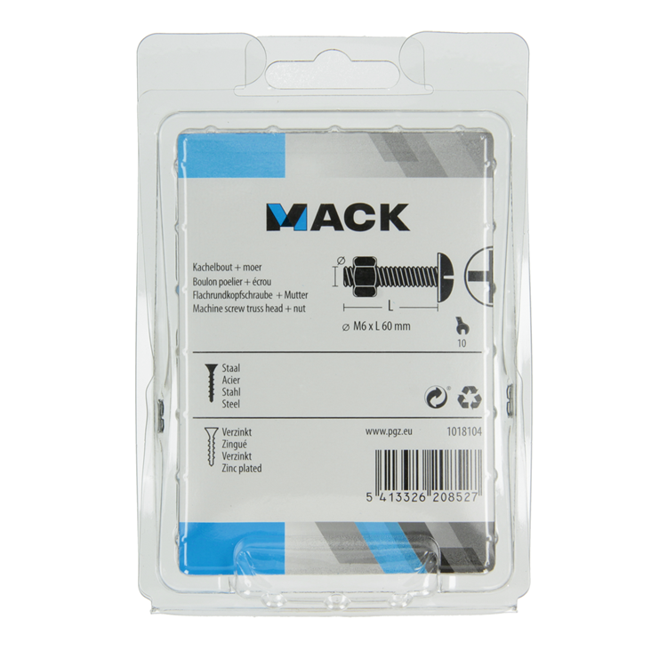 Mack 1018104 - perno estufa + tuerca acero galvanizado 22 piezas m6 x 60 mm | 5 piezas