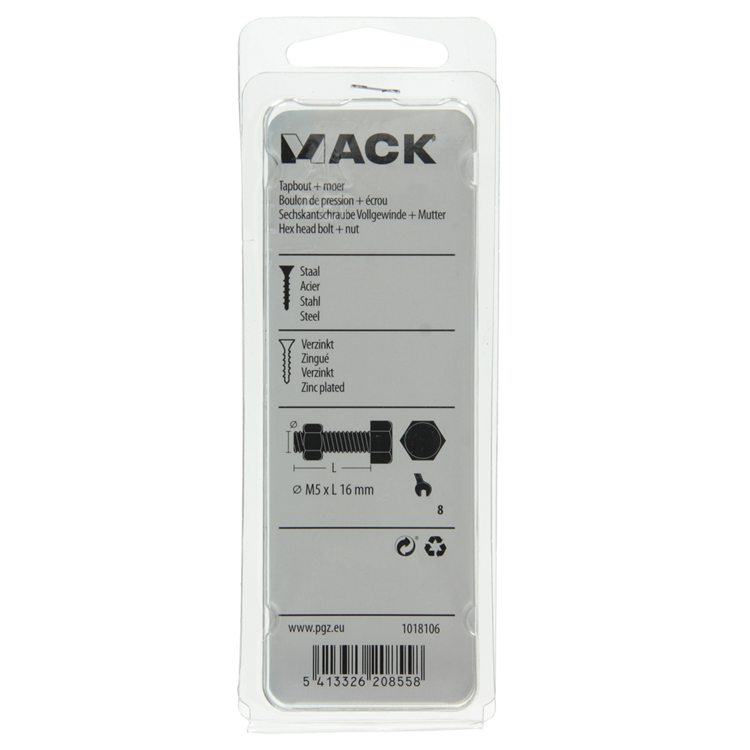 Mack 1018106 - perno macho + tuerca acero galvanizado 40 piezas m5 x 16 mm | 5 piezas