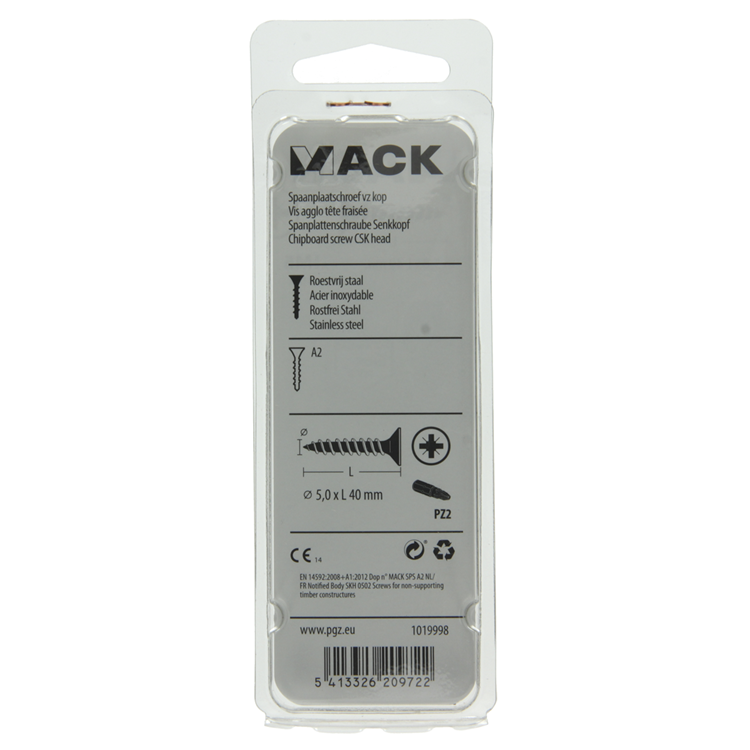 Mack 1019998 - tornillo para aglomerado cabeza vz acero inoxidable 30 piezas 5,0 x 40 mm | 5 piezas