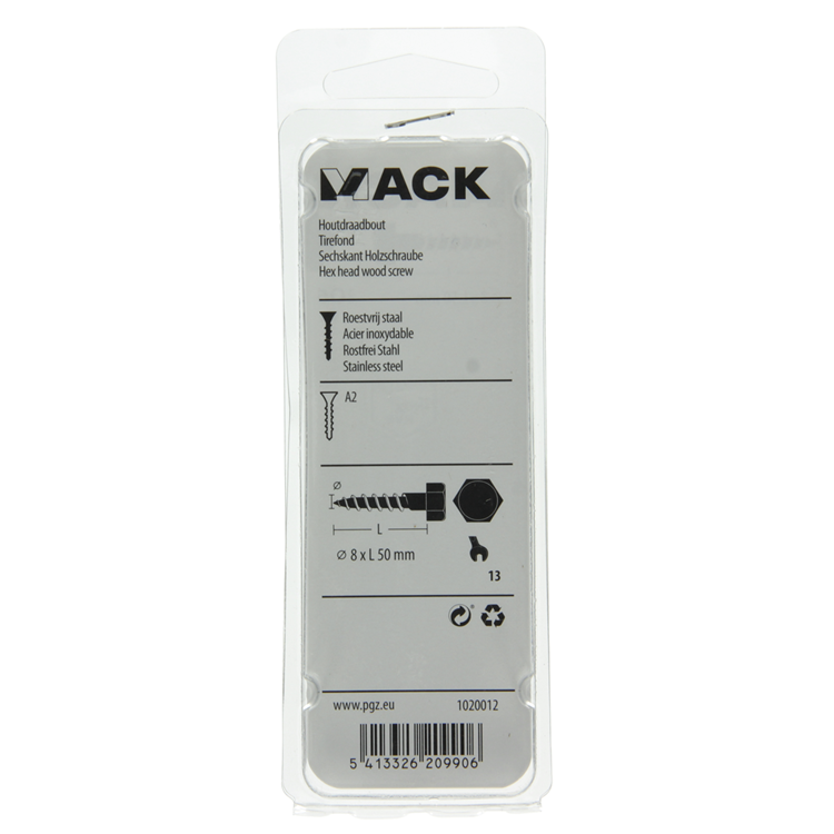 Mack 1020012 - perno roscado para madera acero inoxidable 8 piezas 8 x 50 mm | 5 piezas