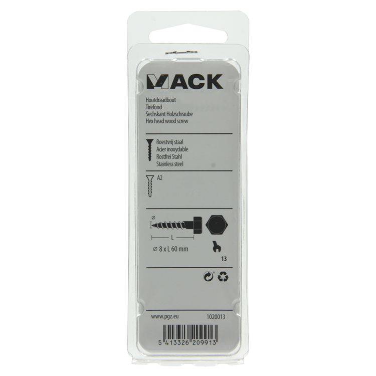 Mack 1020013 - perno roscado para madera acero inoxidable 7 piezas 8 x 60 mm | 5 piezas