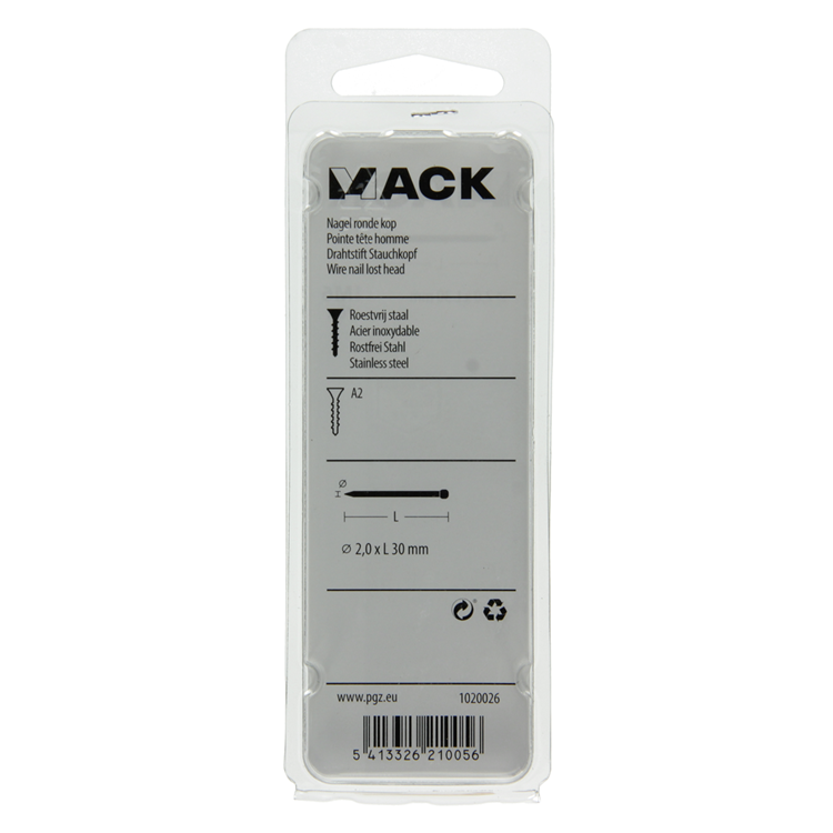 Mack 1020026 - clavo cabeza redonda acero inoxidable A2 70 piezas 2,0 x 30 mm | 5 piezas
