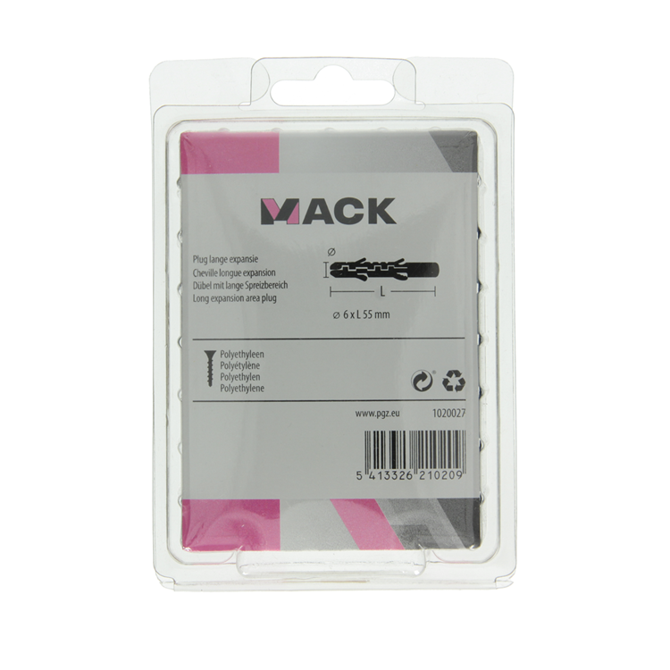 Mack 1020027 - tapón de expansión largo polietileno 60 uds 6 x 55 mm | 3 piezas