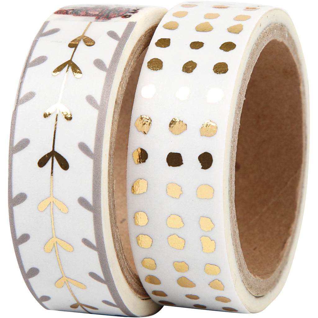 Nastro per mascheratura Vivi Gade, cuori e pois - lamina, L: 15 mm, oro, bianco, 2x4 m 1 scatola