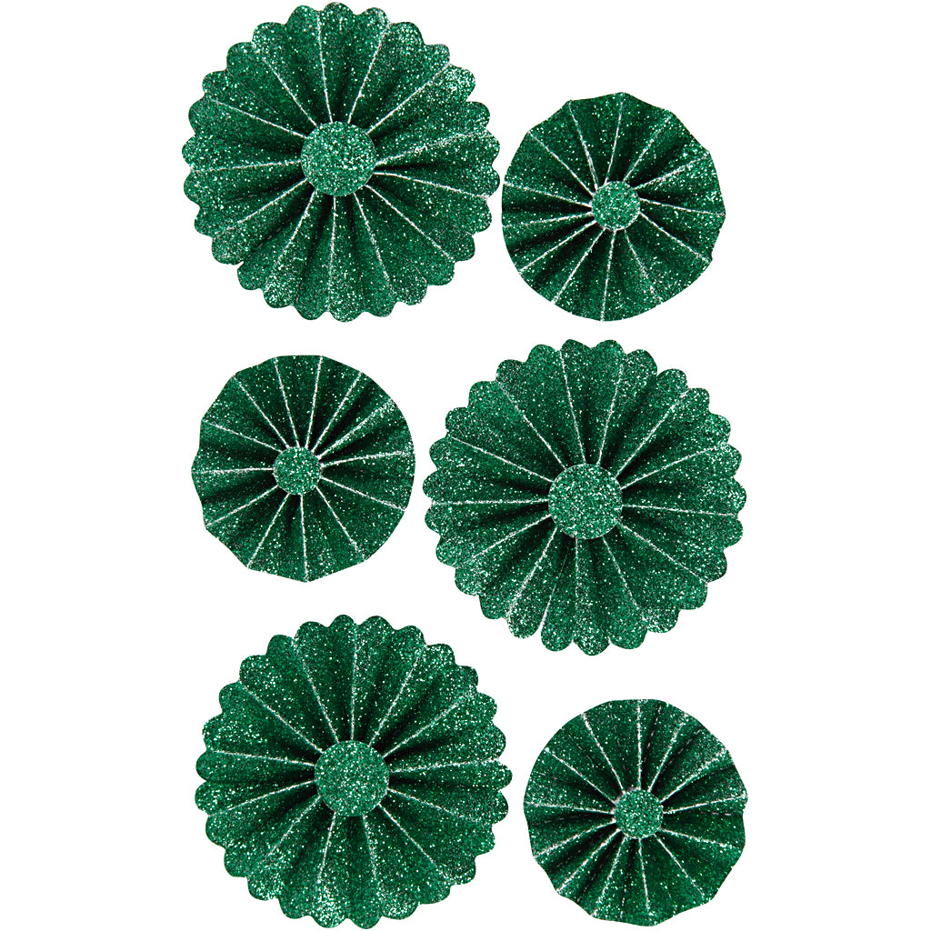 Rosetas Vivi Gade, d 35+50 mm, purpurina verde, 6 piezas 1 caja
