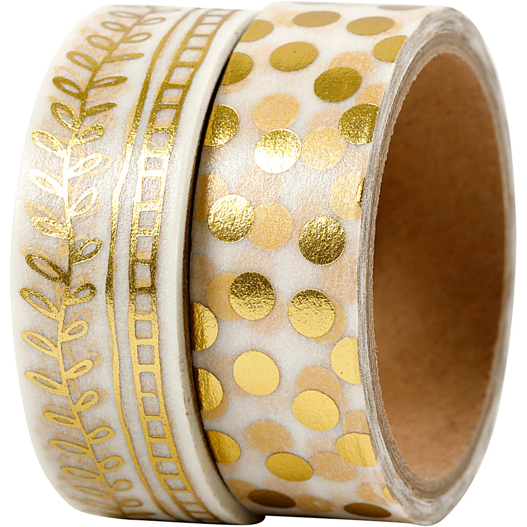 Nastro per mascheratura Vivi Gade, viticci e punti - lamina, l: 15 mm, oro, 2x4 m 1 scatola