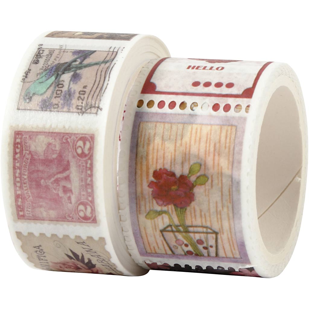 Nastro per mascheratura Creative Company, timbro e motivi floreali, l: 3+5 m, l: 20+25 mm, 2 rotoli 1 scatola