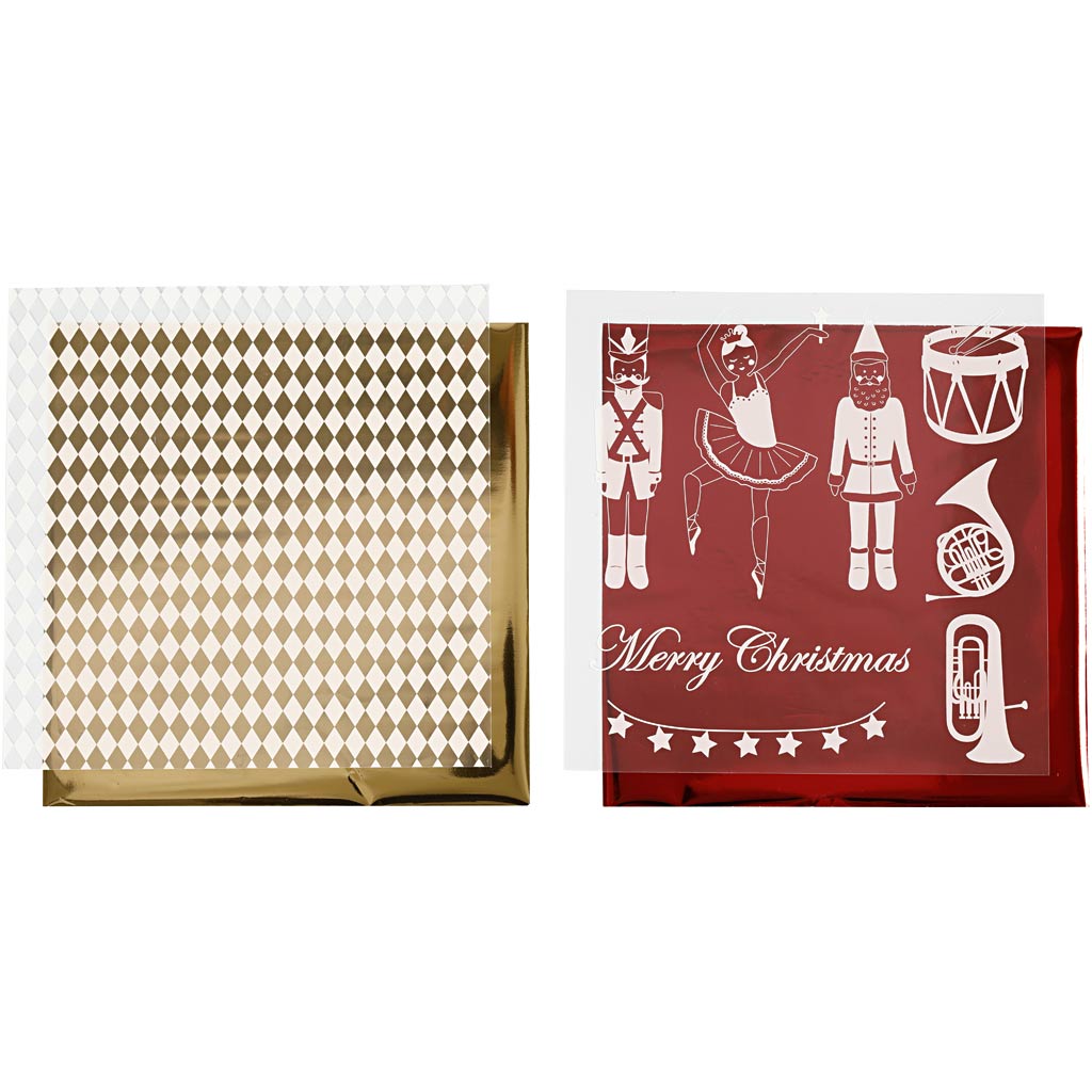 Pellicola decorativa Vivi Gade e foglio trasferibile, schiaccianoci, Babbo Natale e ballerina, foglio 15x15 cm, oro, rosso, bianco, 4 fogli 1 scatola