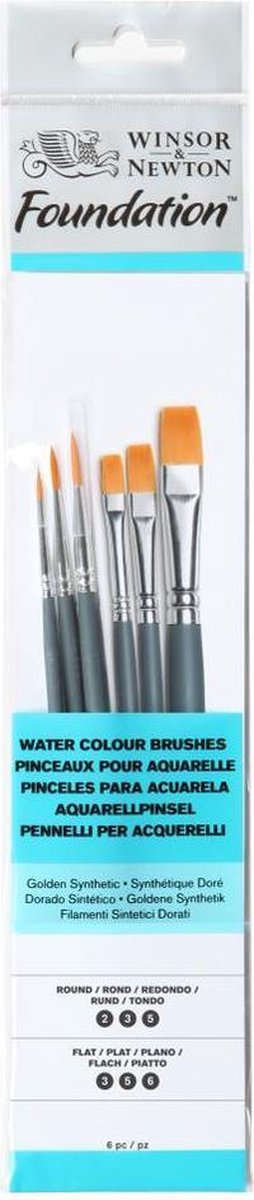 Winsor Newton 5295015 Set pennelli per fondotinta per acquerello – Manico corto – 6 pezzi – Pennelli piatti rotondi per acquerello, acrilico a guazzo