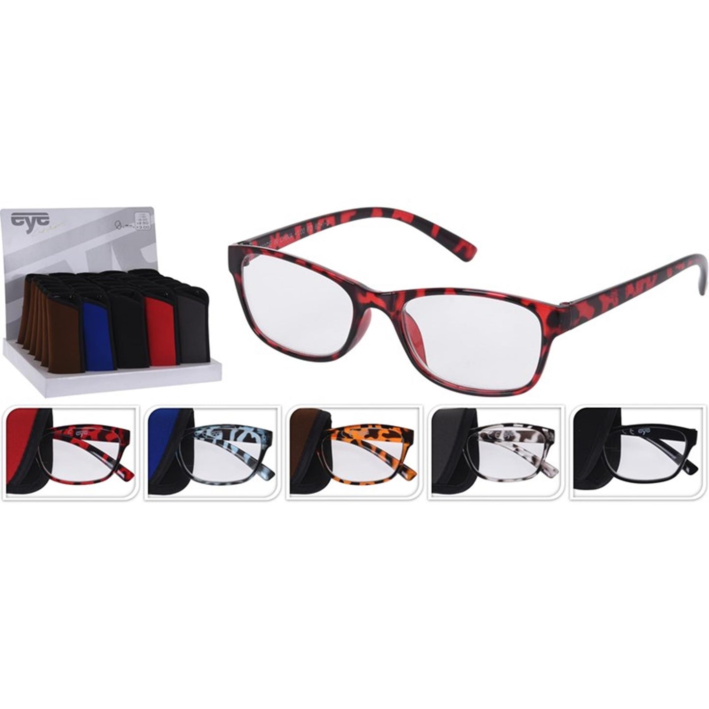 Gafas de lectura con estampado en estuche.