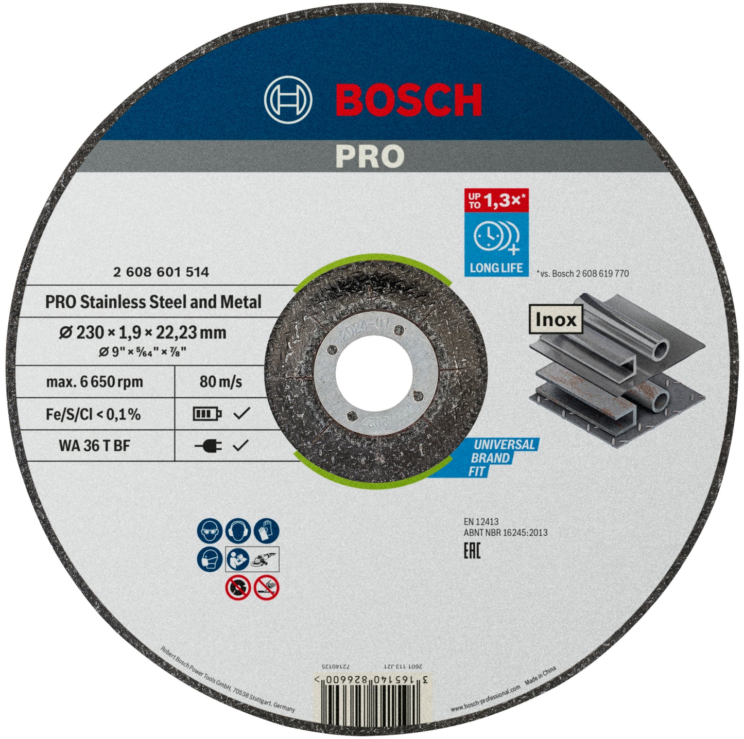 Accesorios Bosch pro disco de corte adherido de acero inoxidable y metal | 230 x 1,9 x 22,23 mm | con centro deprimido - 2608601514