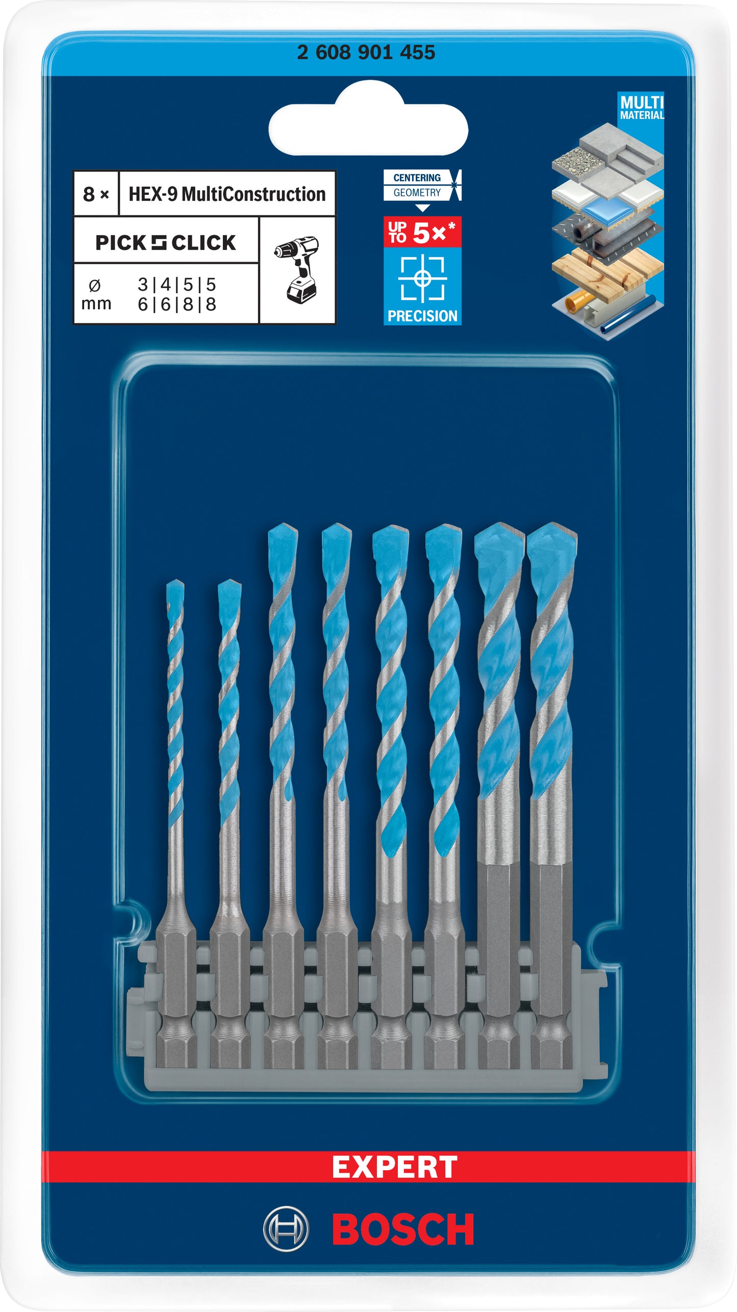 Pic Bosch Accessories Expert Hex-9 Multi Construction K Click Set 3 - 8 mm - 2608901455