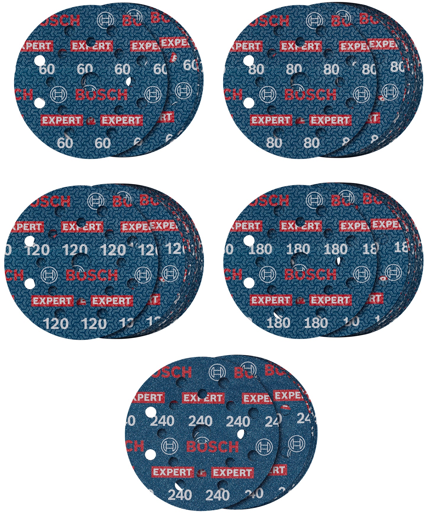 Bosch Accessories Expert Juego de 55 discos abrasivos o780 con lámina de base, 125 mm, 5xg60; 15xg80; 15xg120; 15xg180; 5xg240 - 2608902429