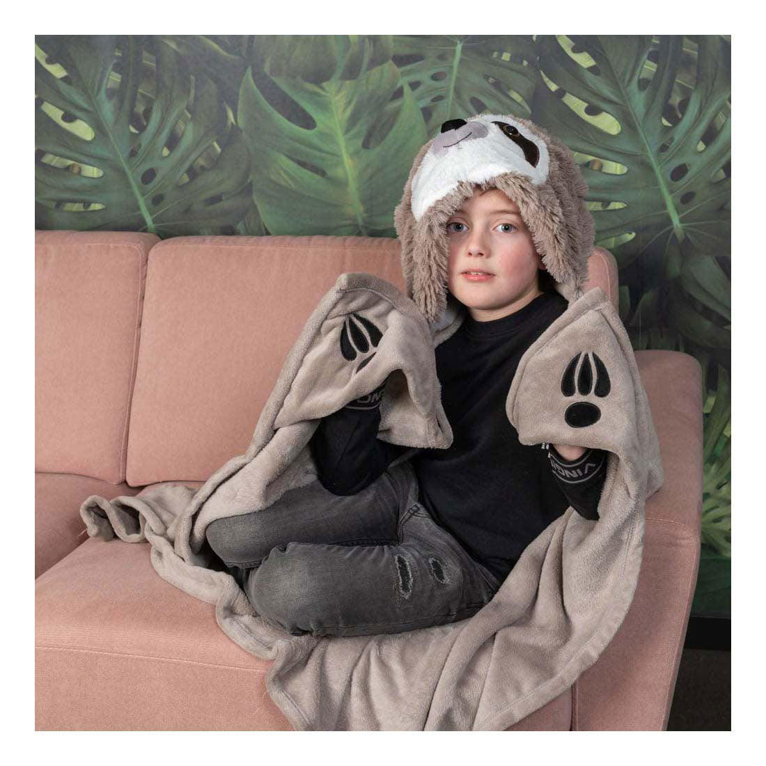 Morbida coperta Noxxiez con bradipo con cappuccio, 130x100 cm