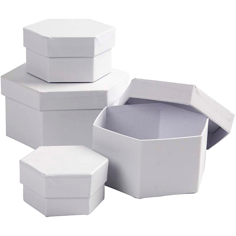 Creativ company scatole esagonali, h: 4+5+6+7 cm, d 6,5+8+10+12 cm, bianco, 4 pezzi 1 set