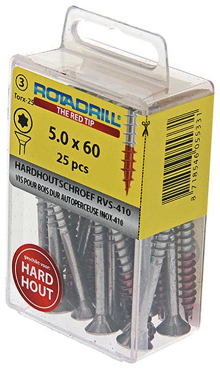Rotadrill 1039905 - hardhoutschroefzelfb.sppls.rvs t25 5.0x60mm (25) | 6 stuks