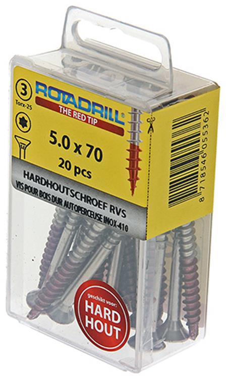 Rotadrill 1039906 - hardhoutschroef zelfb.sppls.rvs t25 5.0x70mm (20) | 6 stuks
