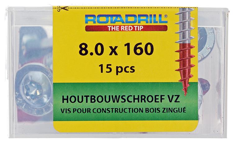 Rotadrill 1040018 - houtbouwschroef tellerkop vz tx 8.0x160mm(15) | 4 stuks