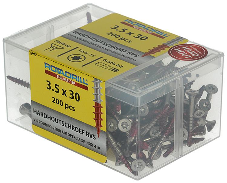 Rotadrill 1040033 - hardhoutschroef zelfb.sppls.rvs t15 3.5x30mm (200) | 4 stuks