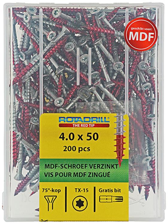 Rotadrill 1040010 - Vite MDF 75°-vk tx vz 4.0x50mm (200) | 4 pezzi