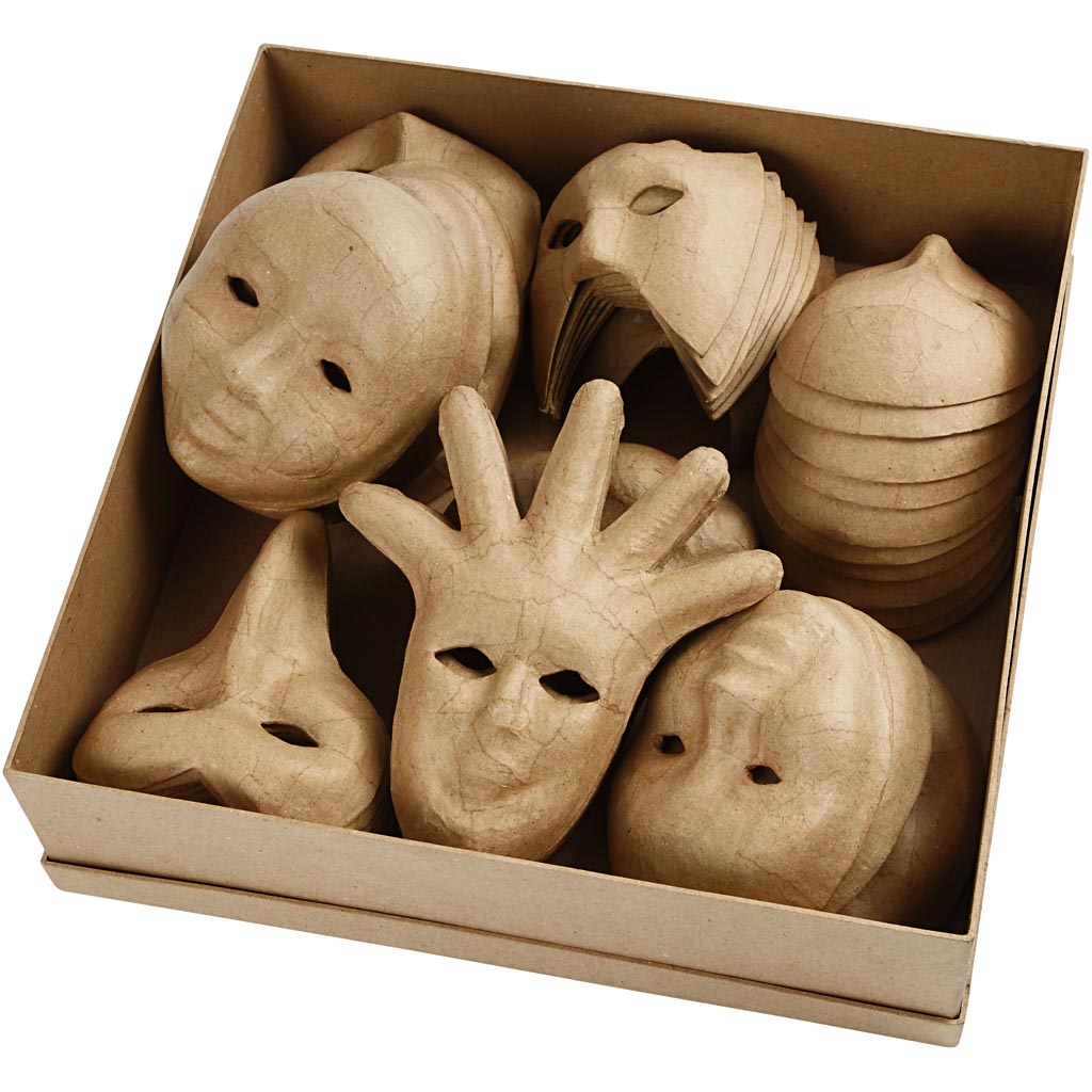 Creativ company handgemaakte papier-maché maskers - set van 60 stuks - 6 verschillende vormen - 12-21 cm - creatief masker maken