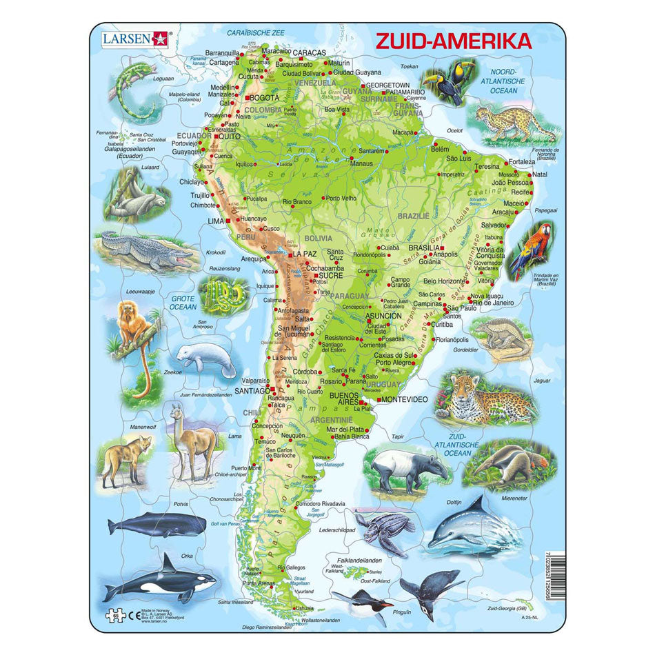 Selecta Larsen Pluzzle Map South, América Geográfica con animales, 65º.