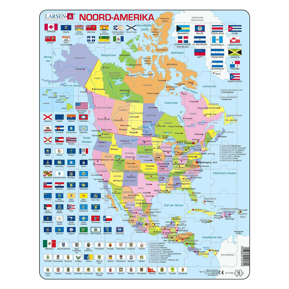 Selecta Larsen Pluzzle Map North, America con stati e bandiere, 70 °.