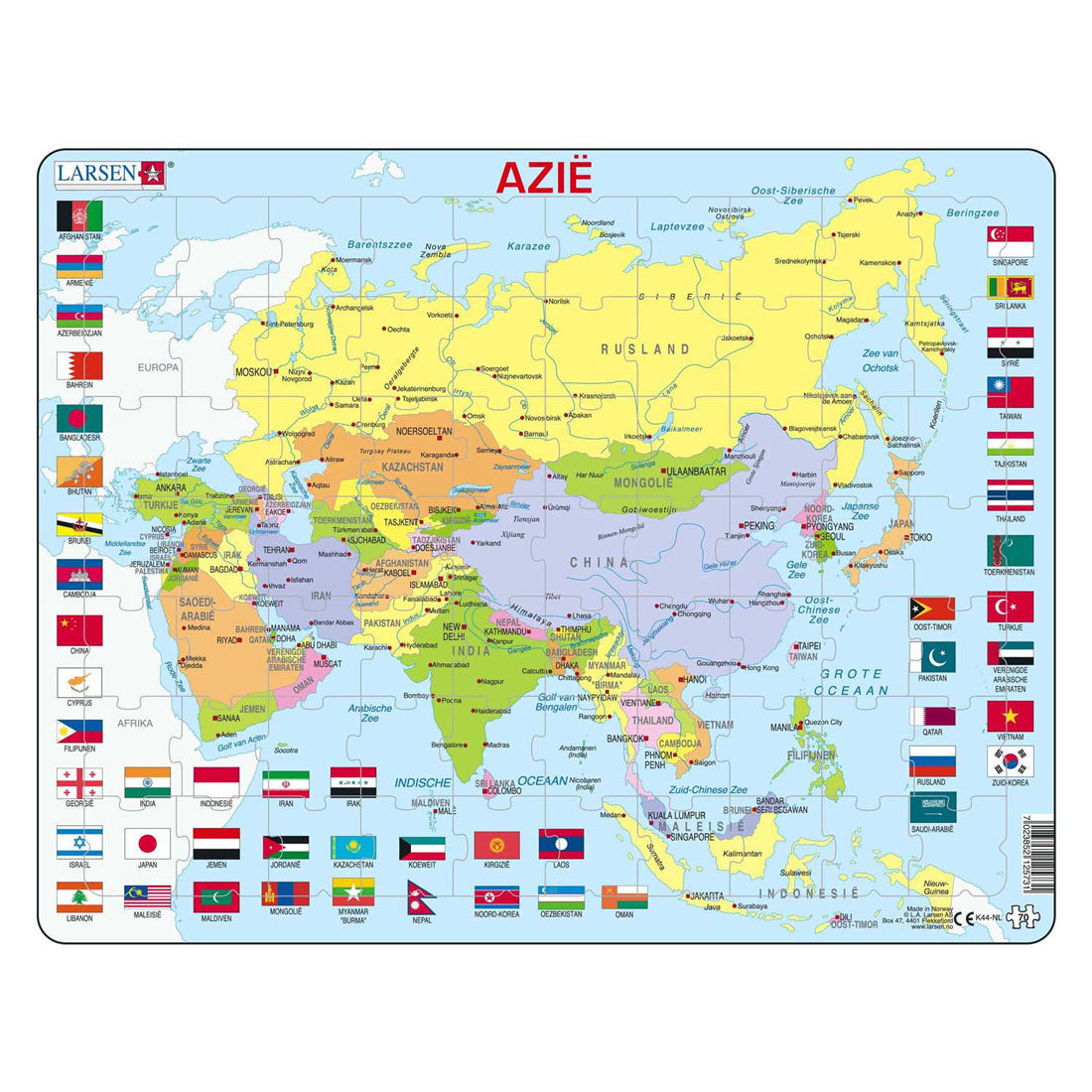 SelectA Larsen Pluzzle Map Asia con bandiere, 70 °.