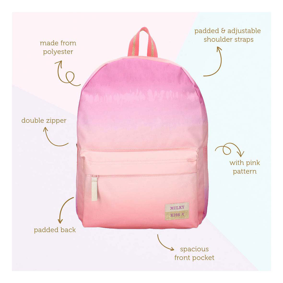 Mochila de beso lácteo amor y risa rosa