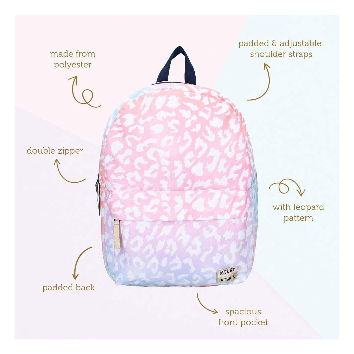 Mochila Milky Kiss estilo atrevido con estampado de leopardo.