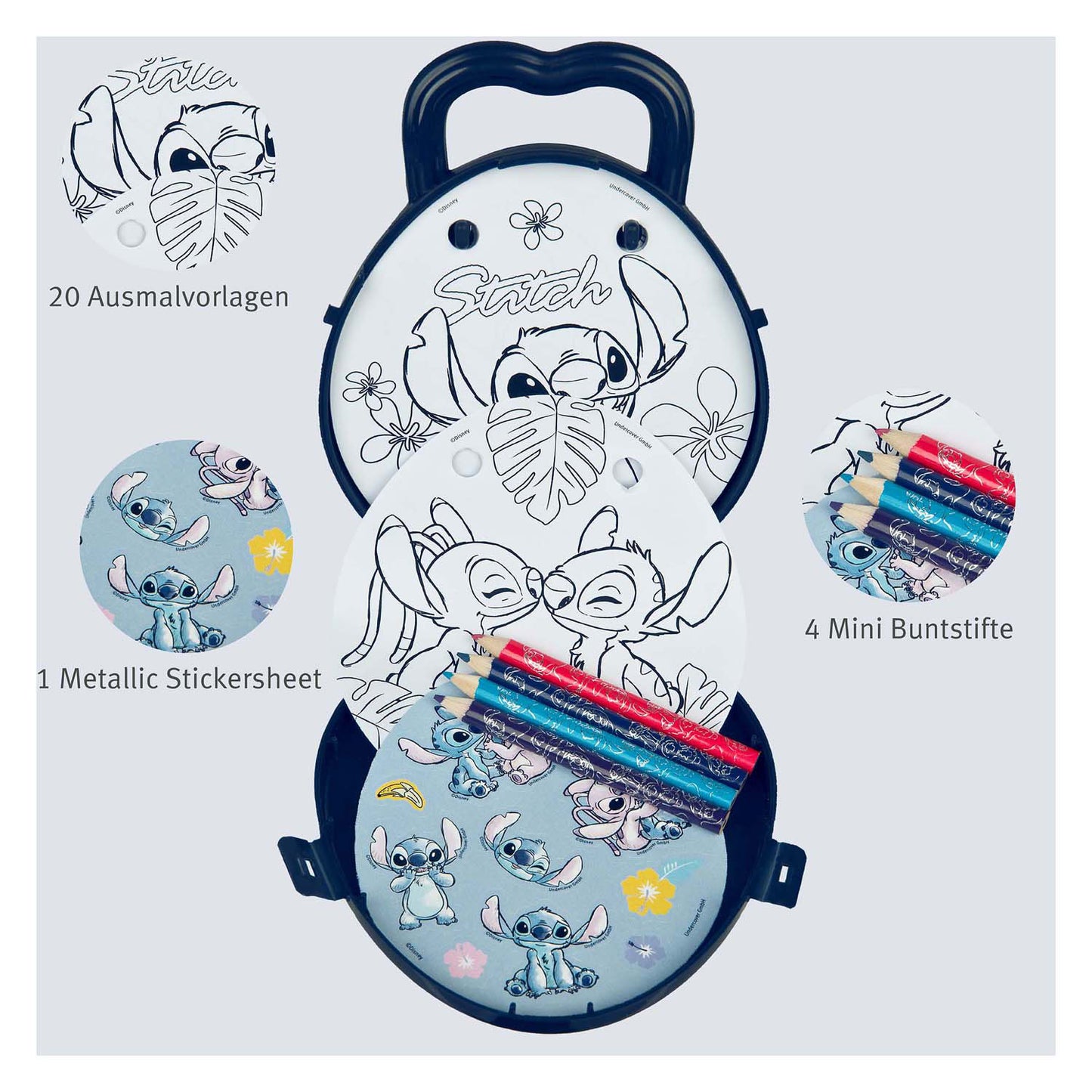 Set da colorare Disney da ricamare con matite colorate e adesivi