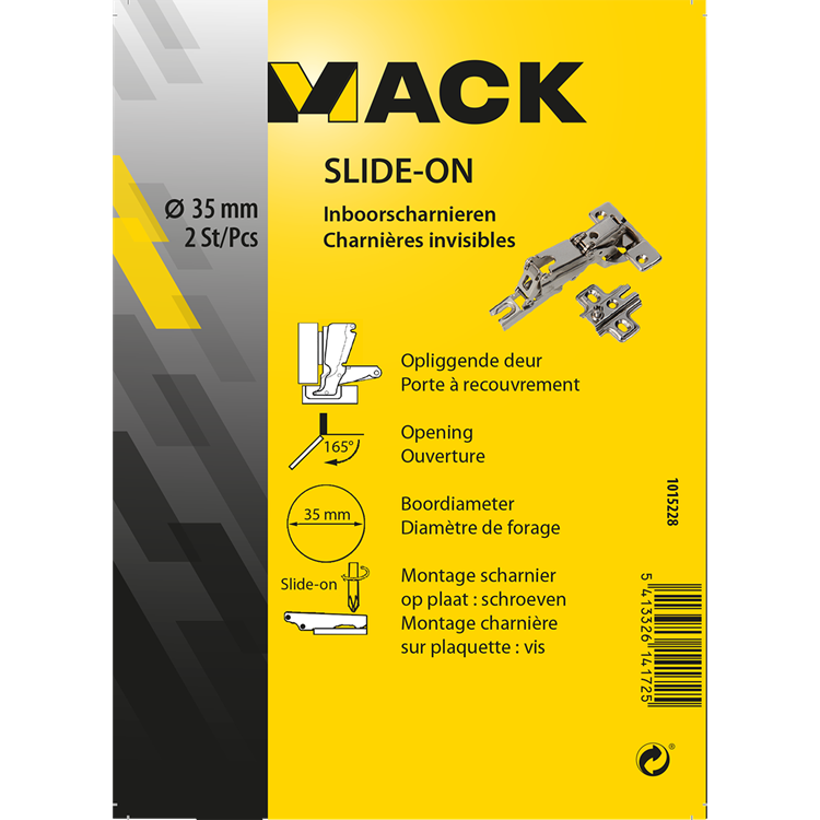 Mack 1015228 - 2 bisagras perforadas se deslizan en puerta de superficie de 35 mm y 165° | 10 piezas