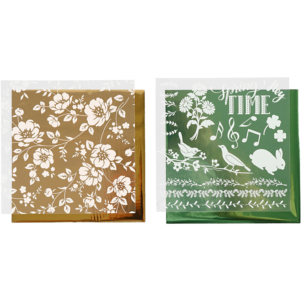 Creativ company lámina decorativa y hoja transfer, flores, hoja 15x15 cm, dorado, verde, 2x2 hojas 1 caja