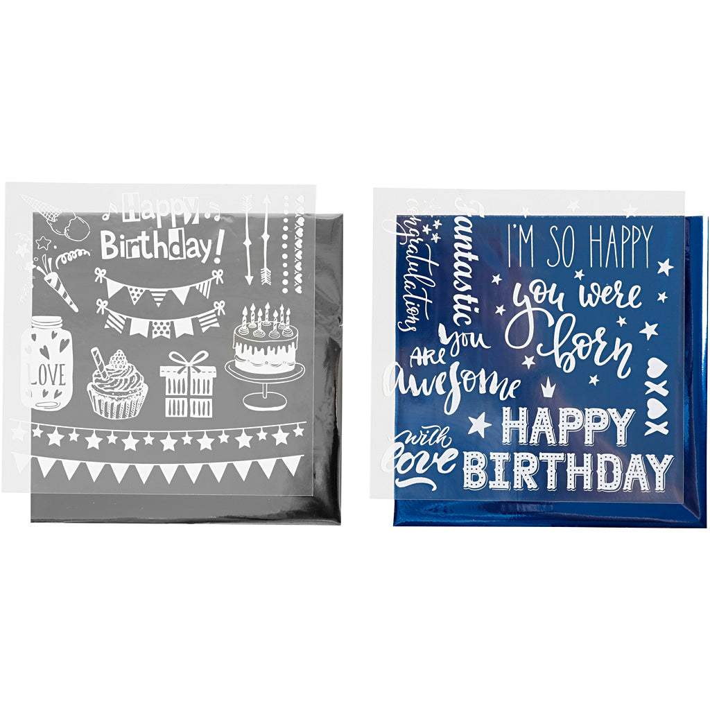 Creativ company lámina decorativa y hoja transfer, cumpleaños, hoja 15x15 cm, azul oscuro, plateado, 2x2 hojas 1 caja