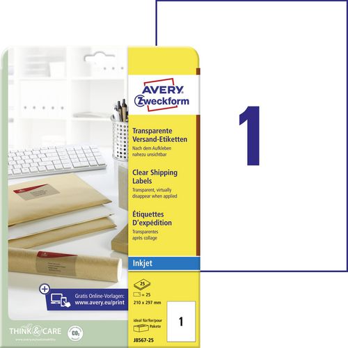 Etichette inkjet avery j8567-25 210 x 297 mm trasparenti riadesive