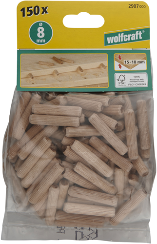 Tasselli in legno scanalati Wolfcraft | buca | ø8 x 40 mm| 150 pezzi - 2907000