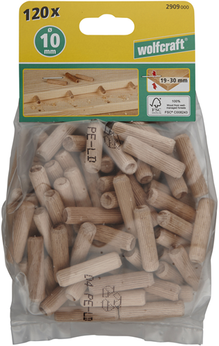 Tasselli in legno scanalati Wolfcraft | buca | ø10 x 40 mm | 120 pezzi - 2909000