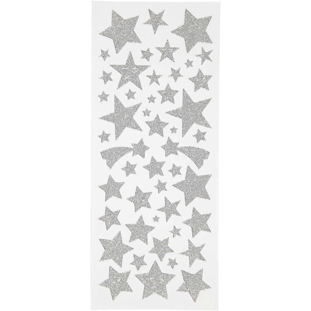 Creativ company pegatinas con purpurina, estrellas, hoja 10x24 cm, aprox. 110 piezas, plata, 2 hojas 1 caja