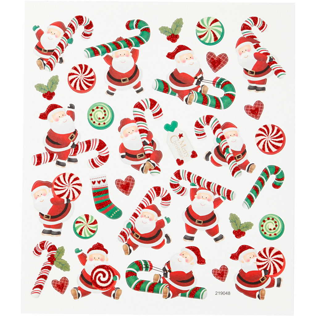 Pegatinas de empresa Creativ, Papá Noel con bastón de caramelo, hoja 15x16,5 cm, aprox. 31 piezas, 1 hoja