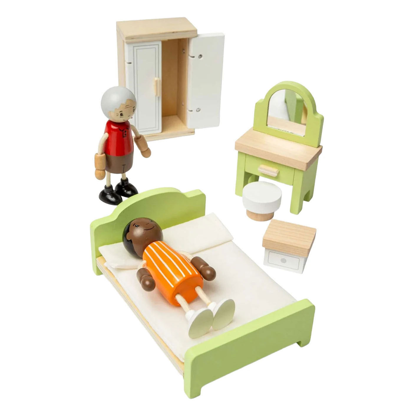 Camera da letto con mobili per casa delle bambole in legno Bigjigs - 5 pezzi.