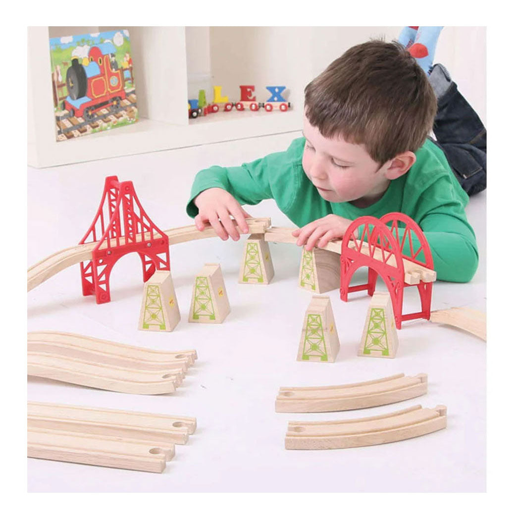 Bigjigs rieles de madera - juego de extensión de puentes - 18 piezas -