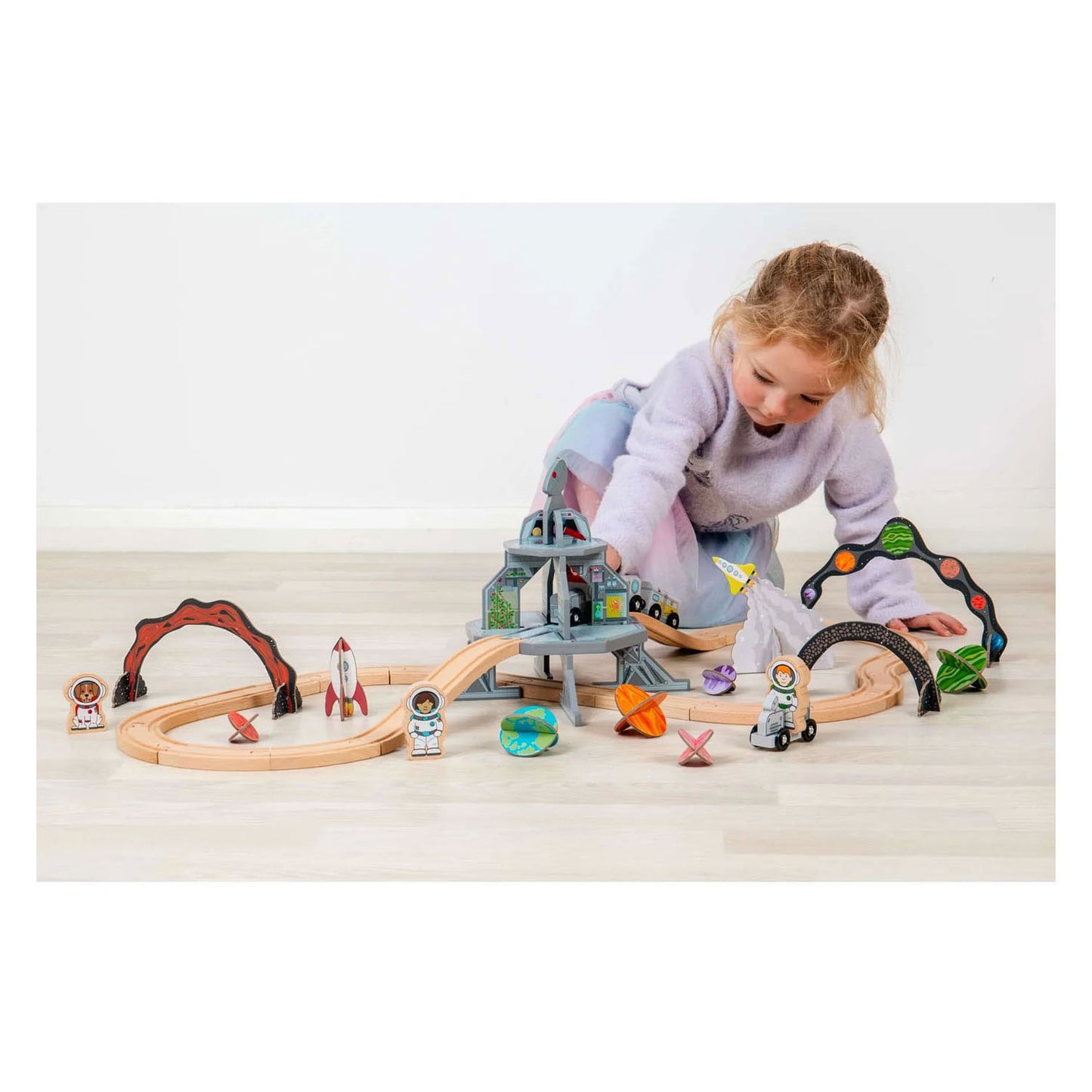 Set treno spaziale in legno Bigjigs - 40 pezzi.