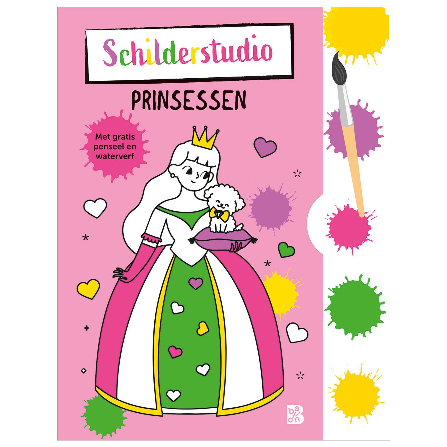 Libro da colorare standard dell'editore con tavolozza di colori e principesse con pennello