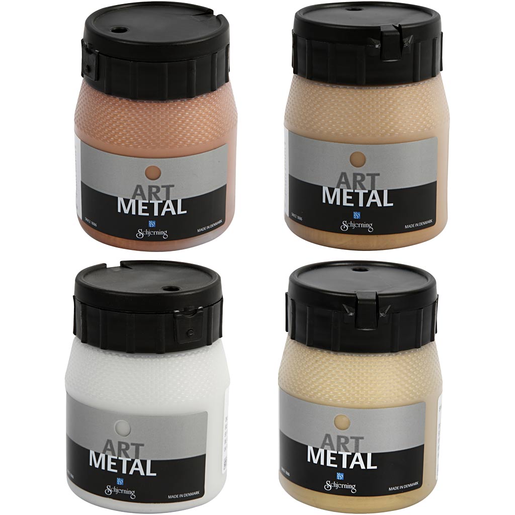 Schjerning hobby paint metallizzato, misura 5190, 5102, 5104, 5110, rame, oro chiaro, oro medio, argento, 4x250 ml 1 scatola