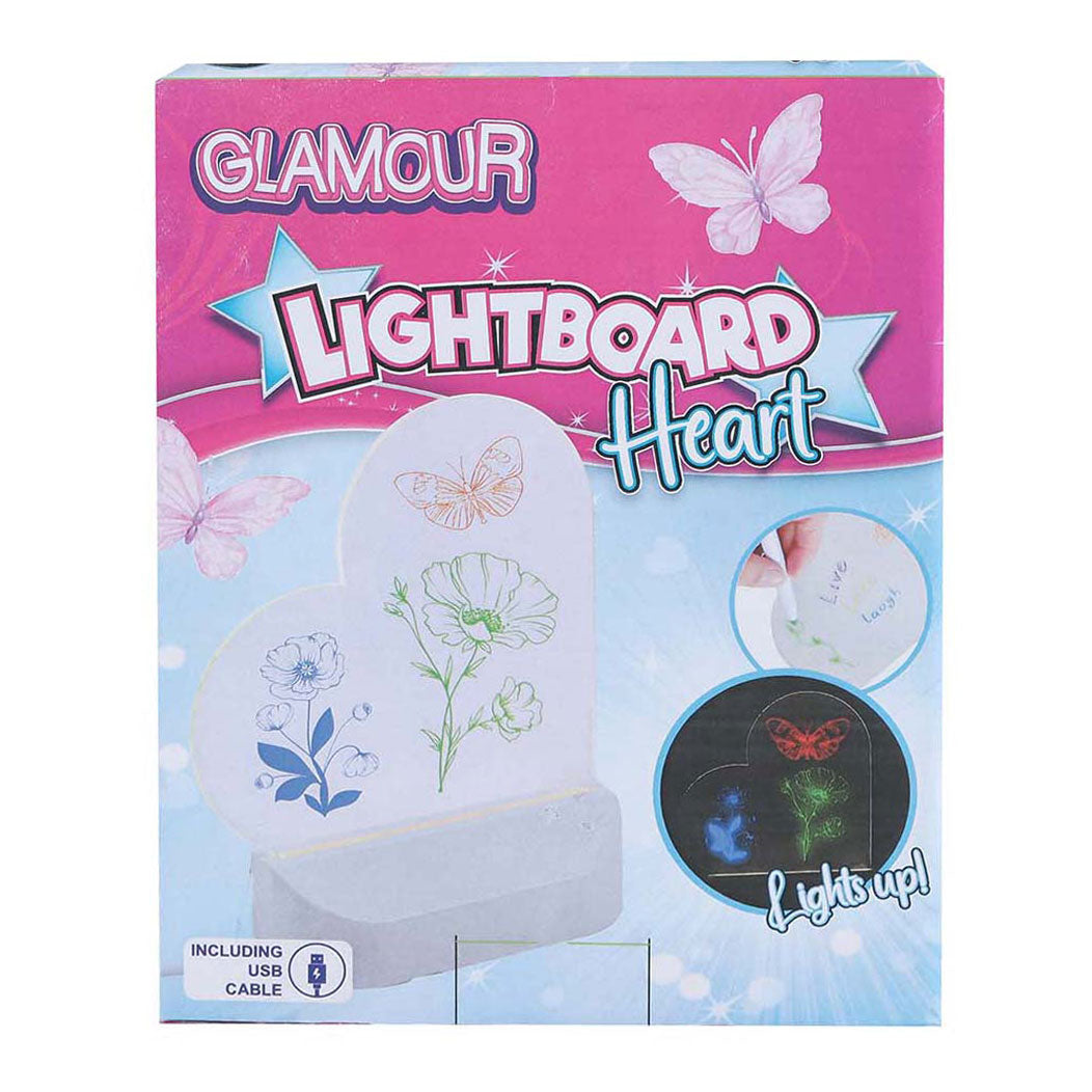 Lavagna luminosa glamour a cuore con connessione USB e 7 pennarelli, 16 cm