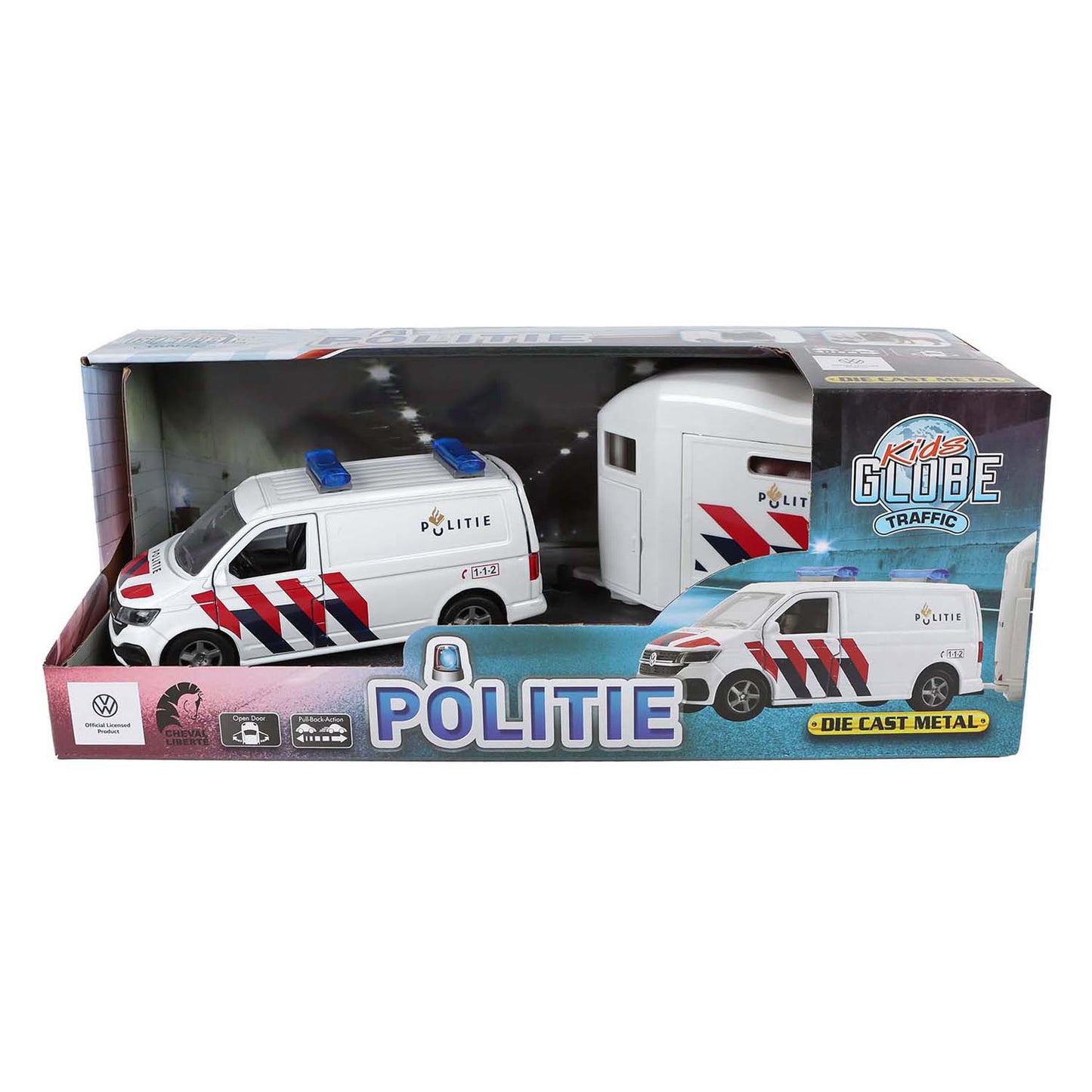 Kids Globe VW Transporter Police con rimorchio per cavalli Cheval Liberte